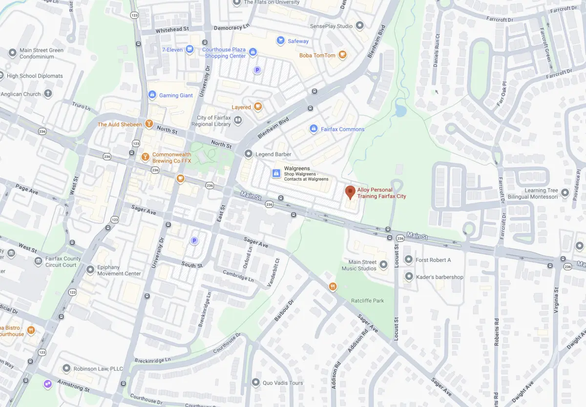 Map showing Alloy Personal Training Fairfax City on Main Street near downtown Fairfax