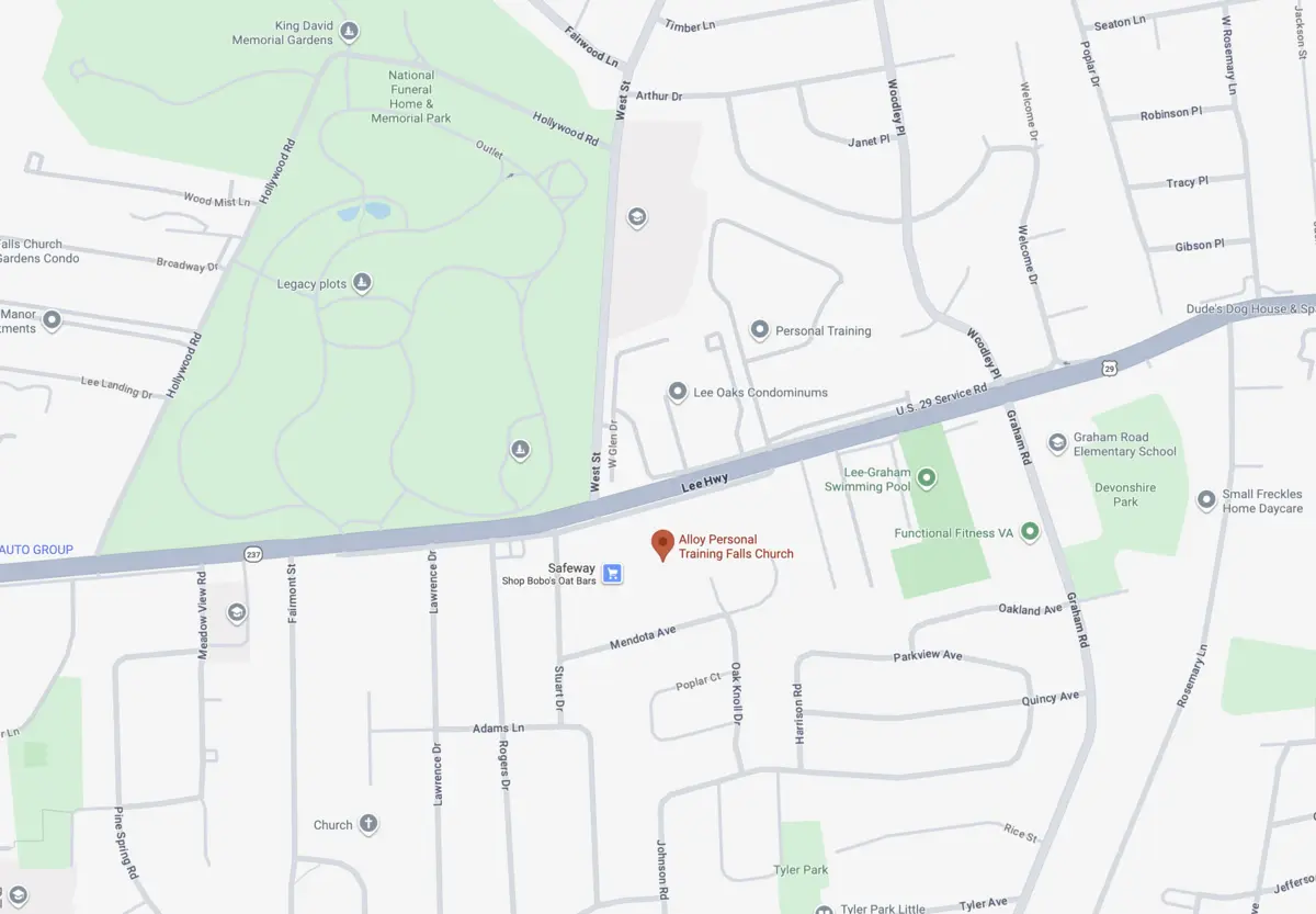 Map showing Alloy Personal Training Falls Church on Lee Highway next to Safeway