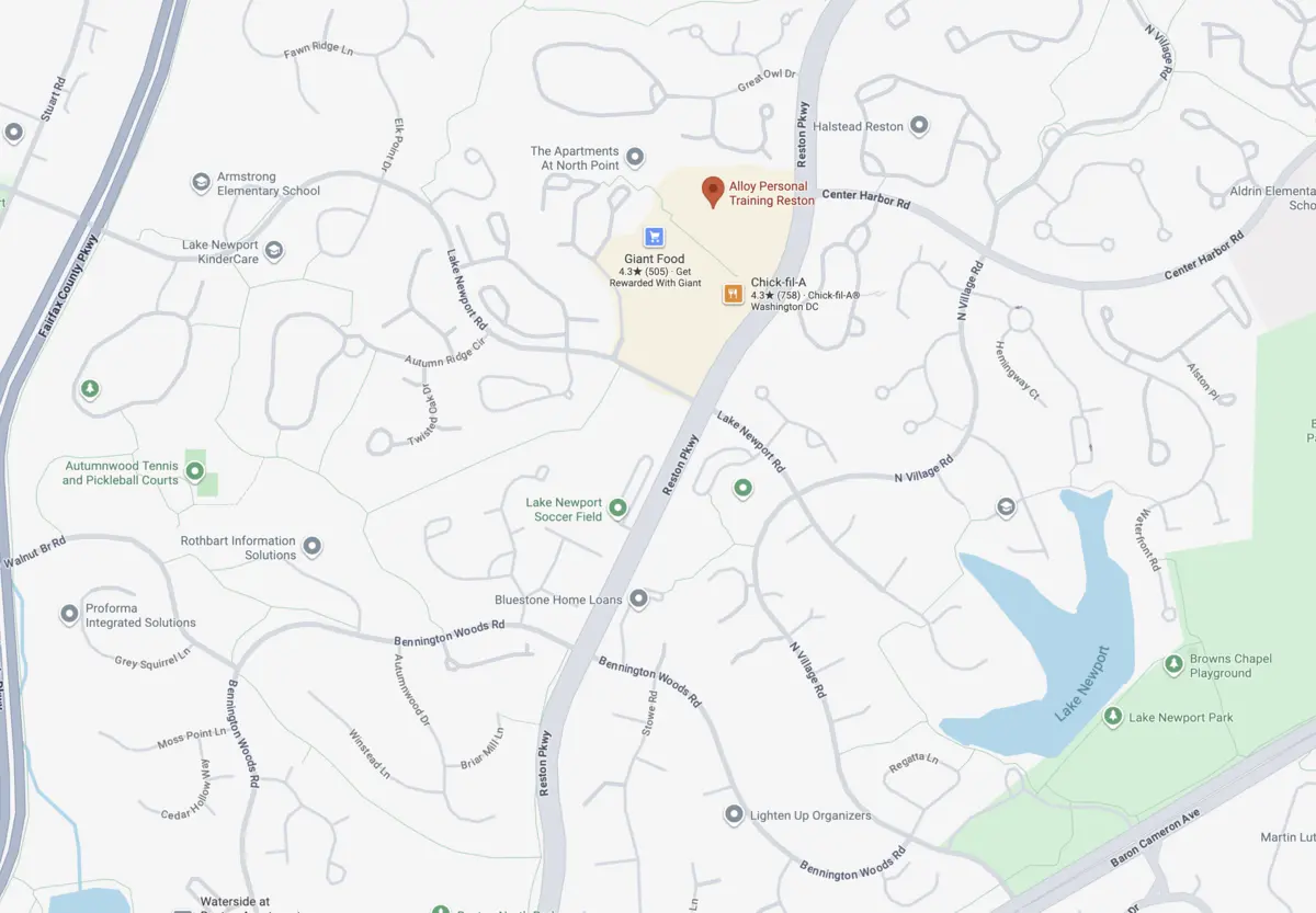 Map showing Alloy Personal Training Reston in North Point Village Center, off Reston Parkway